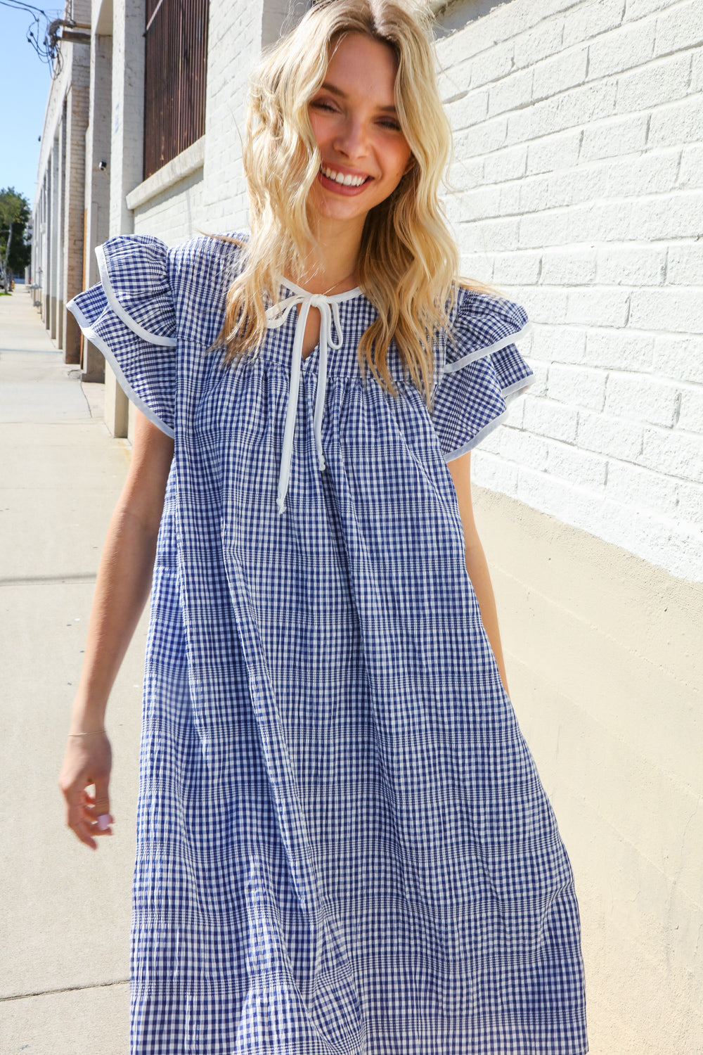 Haptics Blue Gingham Tie Front Double Ruffle Sleeve Midi Dress