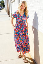Large Haptics Blue Floral Raglan Puff Sleeves V Neck Smocked Waist Maxi Dress