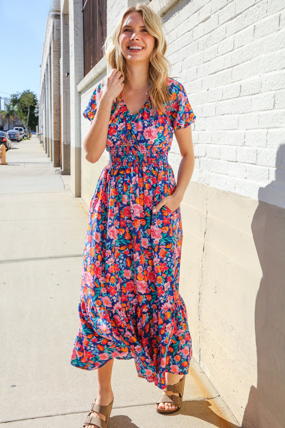 Large Haptics Blue Floral Raglan Puff Sleeves V Neck Smocked Waist Maxi Dress