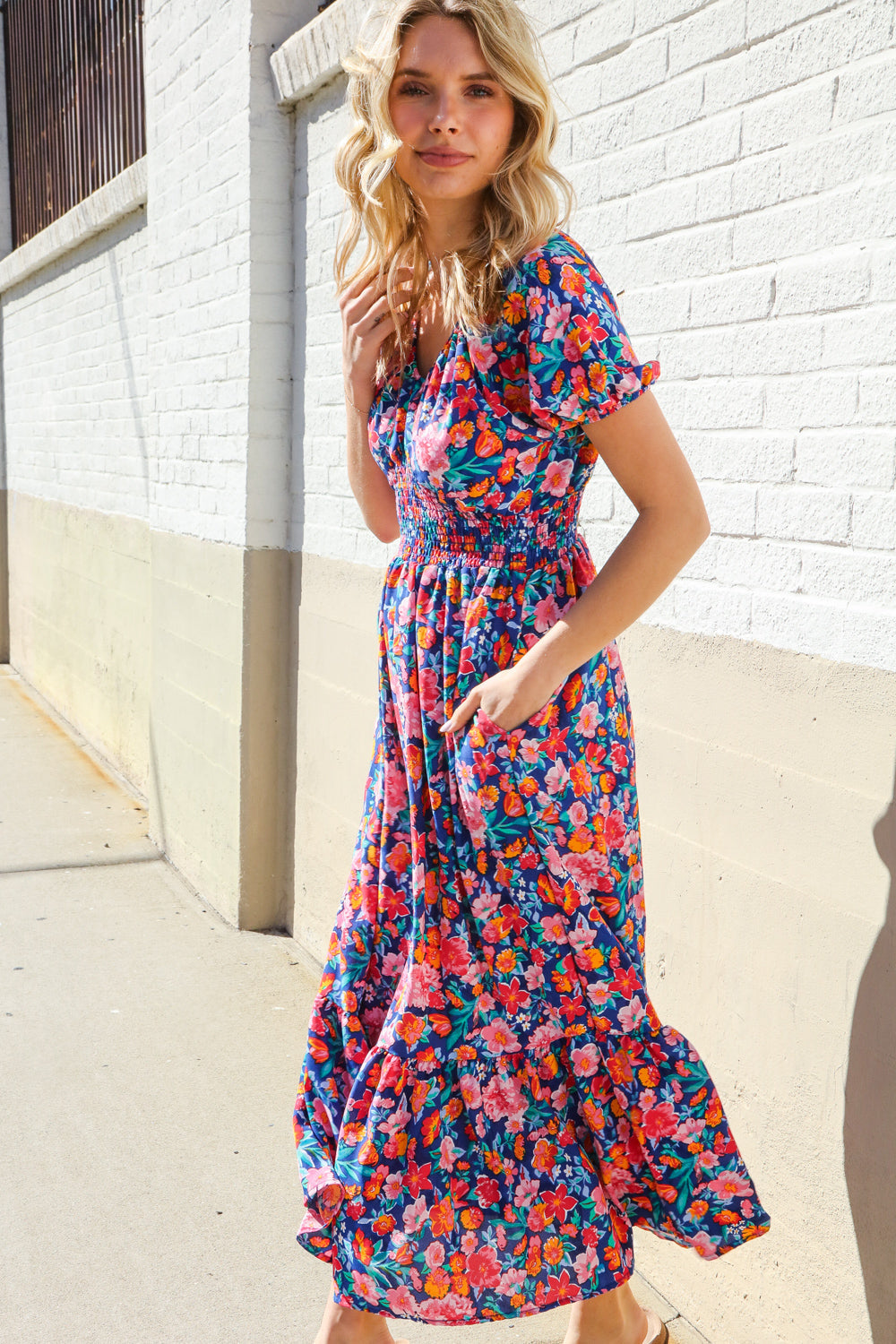Large Haptics Blue Floral Raglan Puff Sleeves V Neck Smocked Waist Maxi Dress