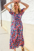 Large Haptics Blue Floral Raglan Puff Sleeves V Neck Smocked Waist Maxi Dress