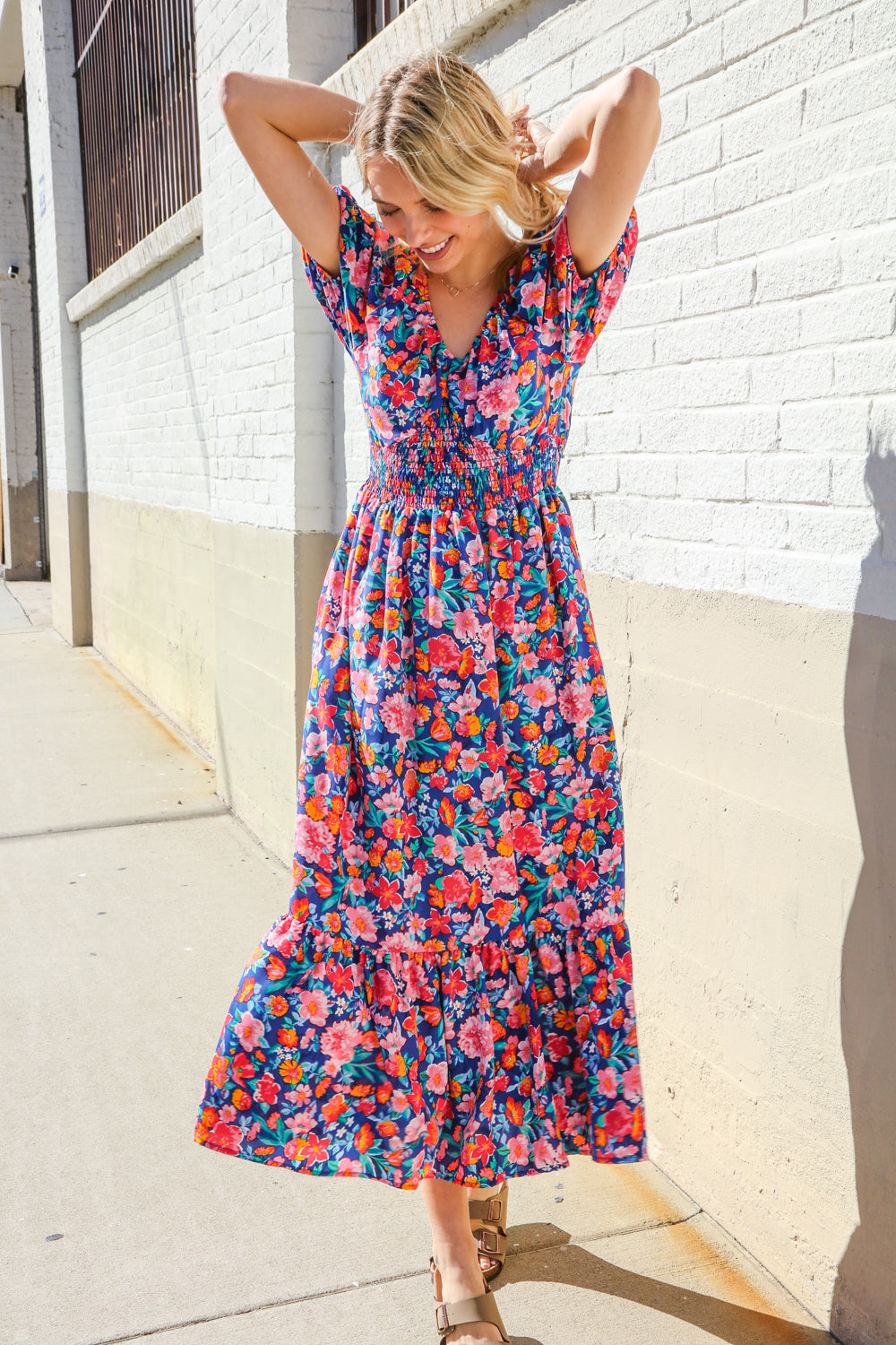 Large Haptics Blue Floral Raglan Puff Sleeves V Neck Smocked Waist Maxi Dress