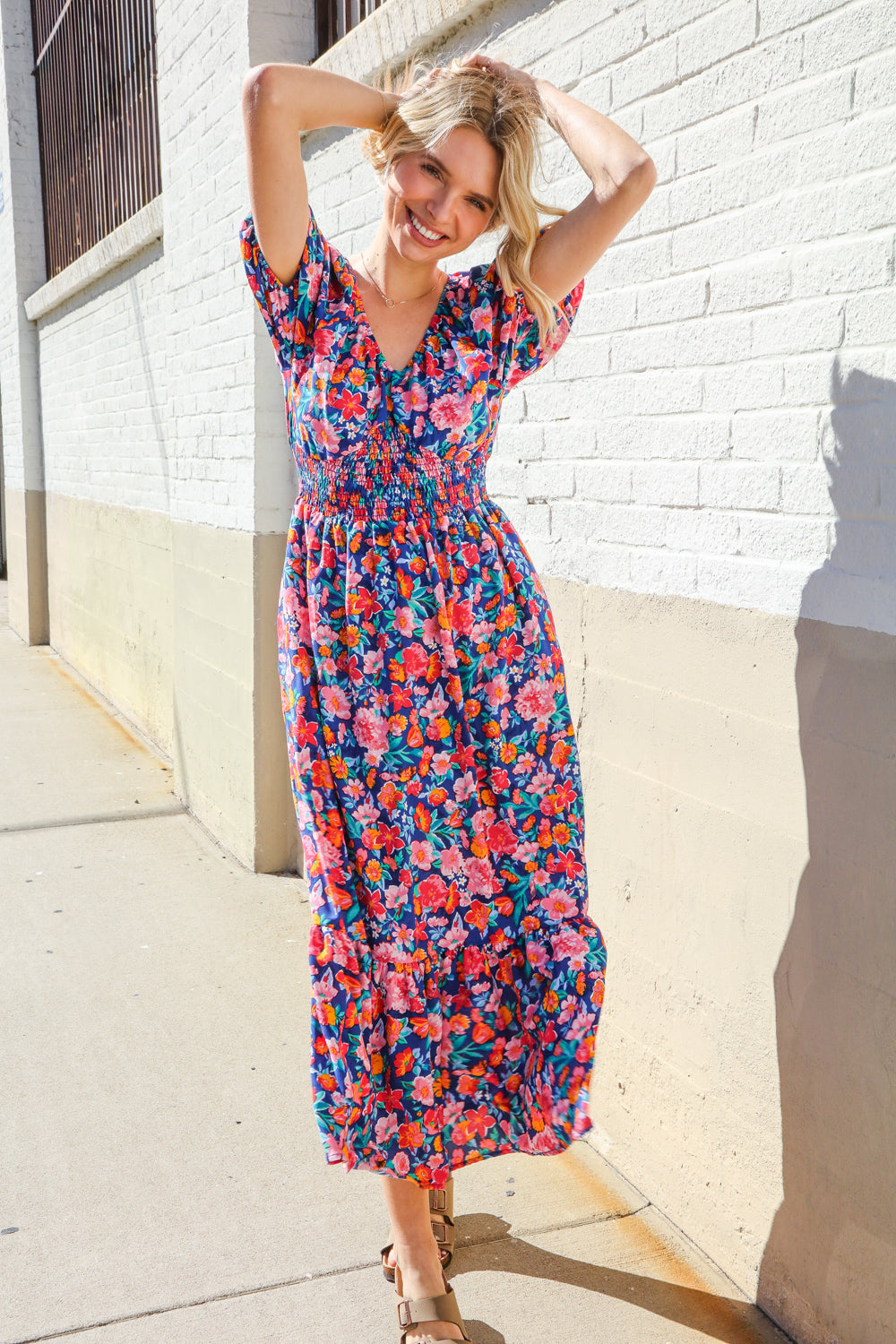 Large Haptics Blue Floral Raglan Puff Sleeves V Neck Smocked Waist Maxi Dress