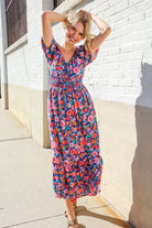 Large Haptics Blue Floral Raglan Puff Sleeves V Neck Smocked Waist Maxi Dress