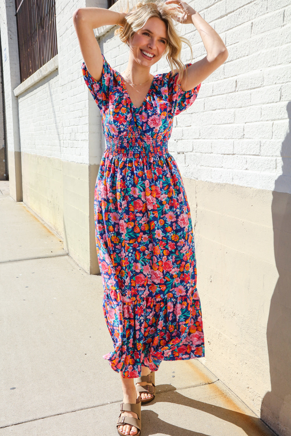 Large Haptics Blue Floral Raglan Puff Sleeves V Neck Smocked Waist Maxi Dress