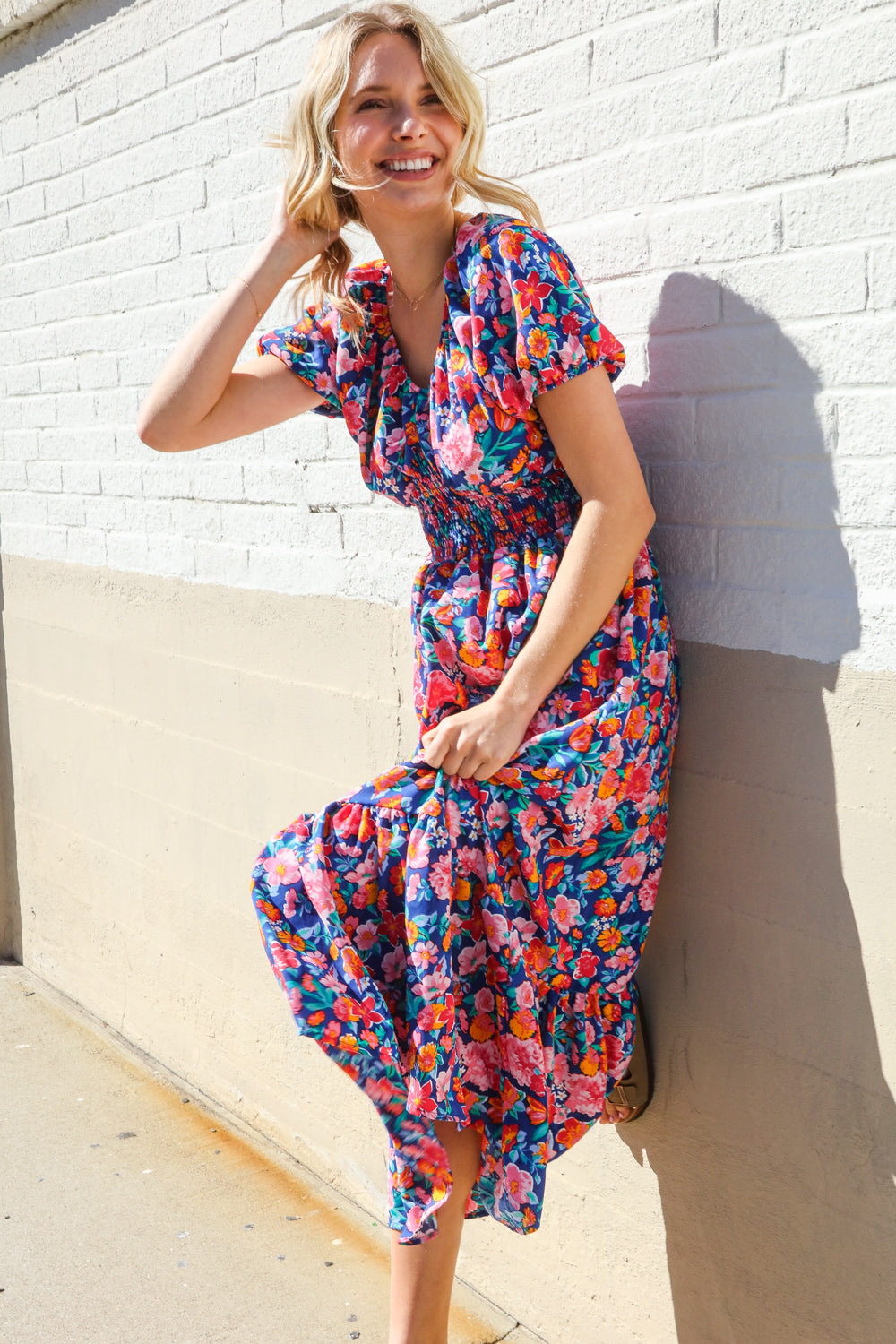 Large Haptics Blue Floral Raglan Puff Sleeves V Neck Smocked Waist Maxi Dress