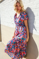 Large Haptics Blue Floral Raglan Puff Sleeves V Neck Smocked Waist Maxi Dress