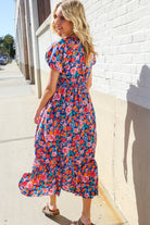 Large Haptics Blue Floral Raglan Puff Sleeves V Neck Smocked Waist Maxi Dress
