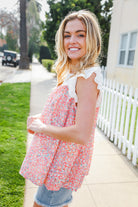 Haptics Coral & White Cotton Floral Embroidered Yoke Top Final Sale