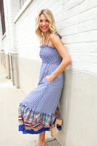 Haptics Navy Boho Print Smocked Shoulder Tie Border Hem Dress