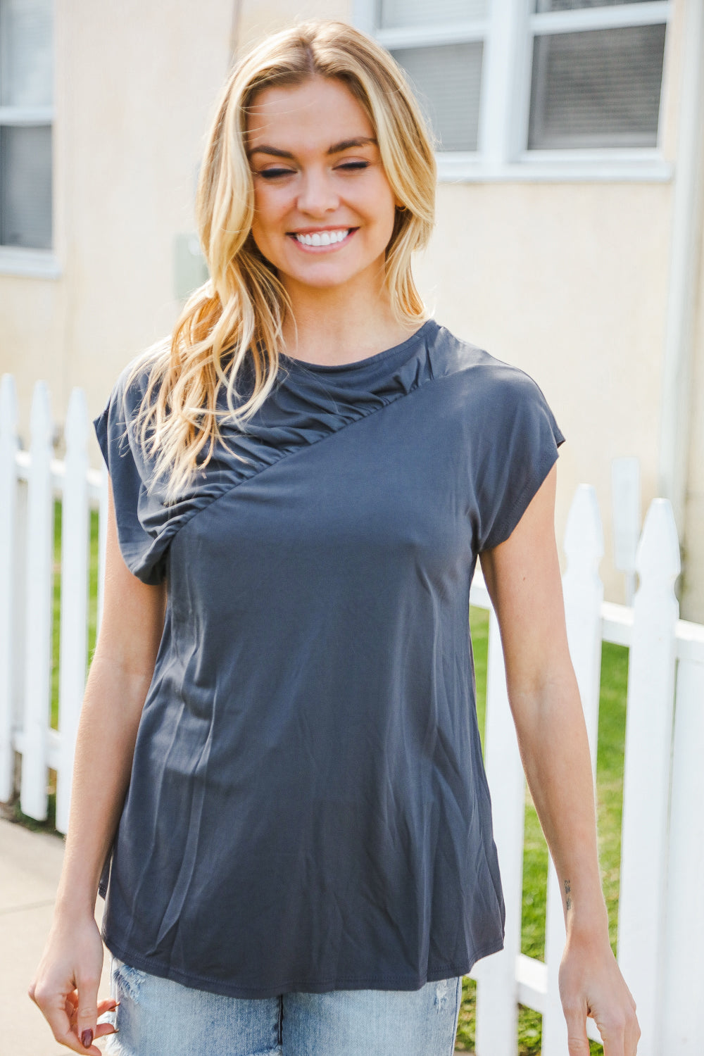 Haptics Charcoal Asymmetrical Shirred Modal Top 2024 Blow-Out Sale