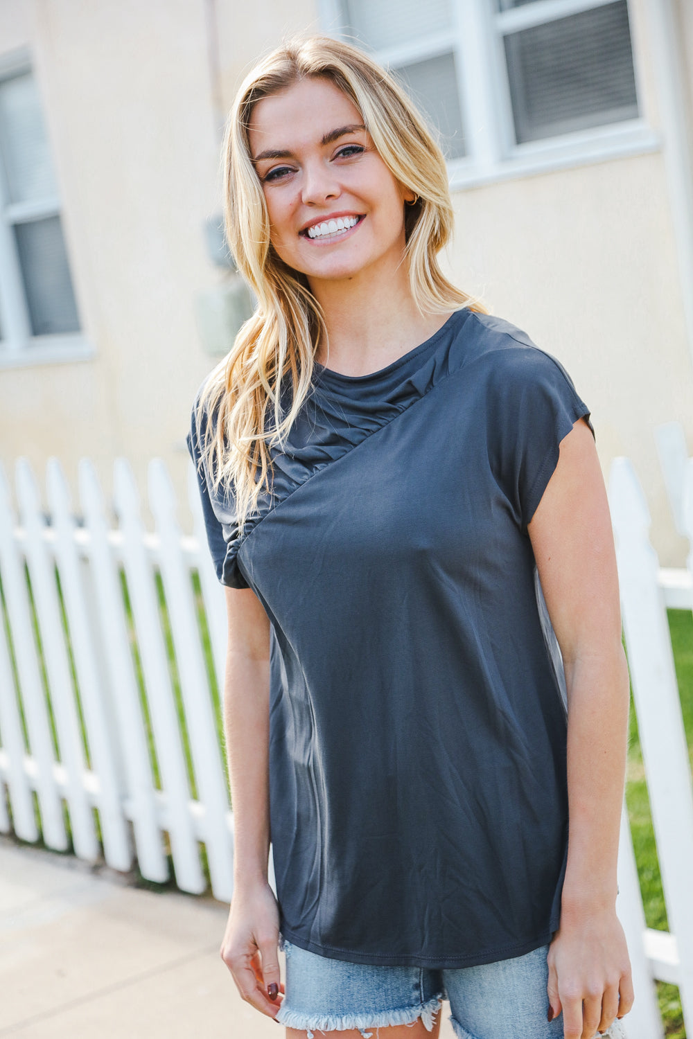 Haptics Charcoal Asymmetrical Shirred Modal Top 2024 Blow-Out Sale