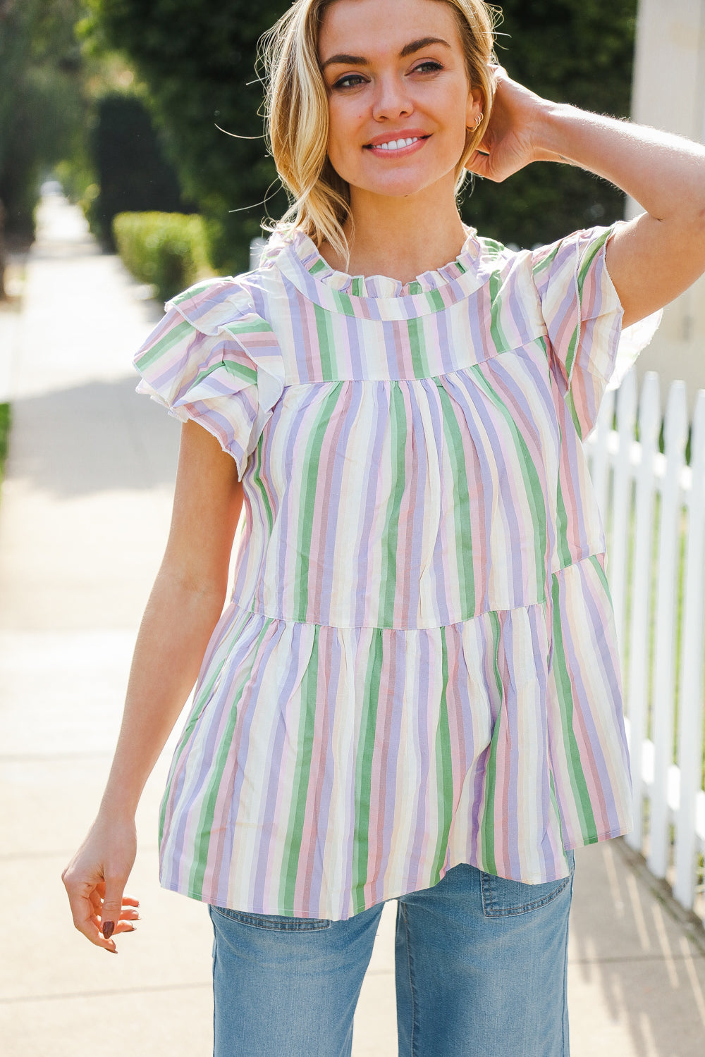 Easy To Love Lavender Stripe Double Ruffle Sleeve Tiered Top 07-01-25 Summer Sale