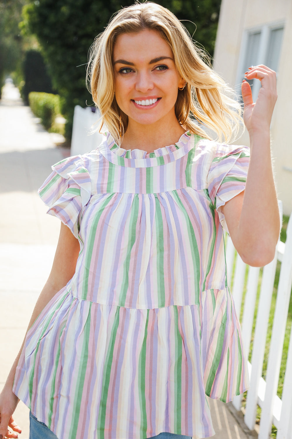 Easy To Love Lavender Stripe Double Ruffle Sleeve Tiered Top 07-01-25 Summer Sale