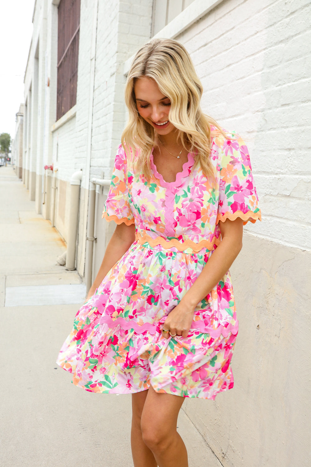 Large Haptics Rose Floral Print Ric Rack Trim Babydoll Dress