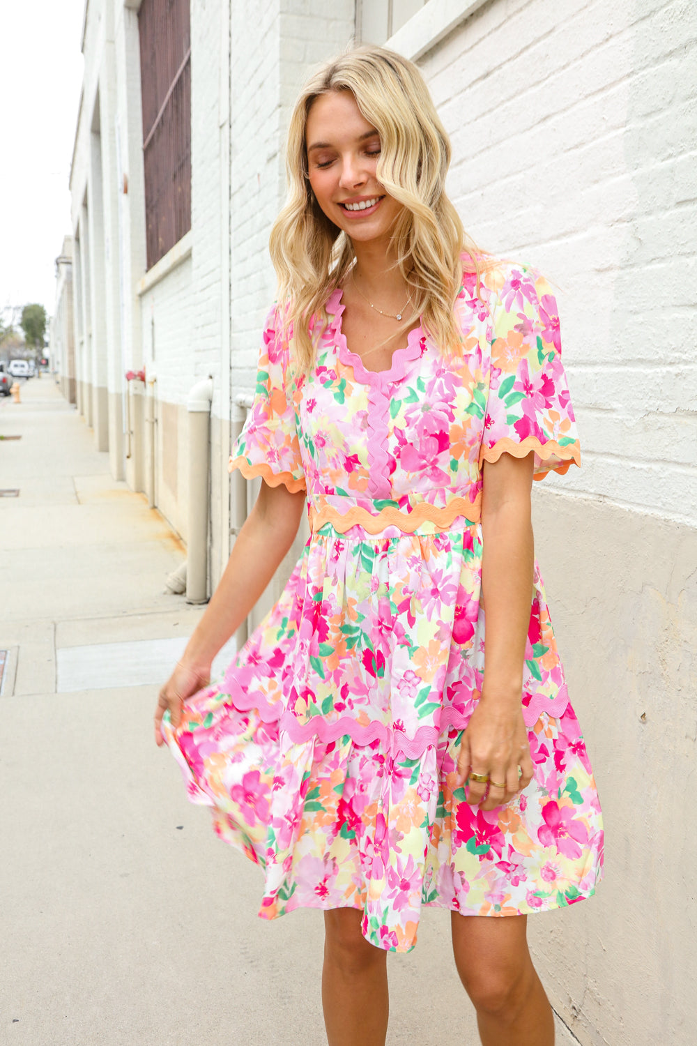 Large Haptics Rose Floral Print Ric Rack Trim Babydoll Dress