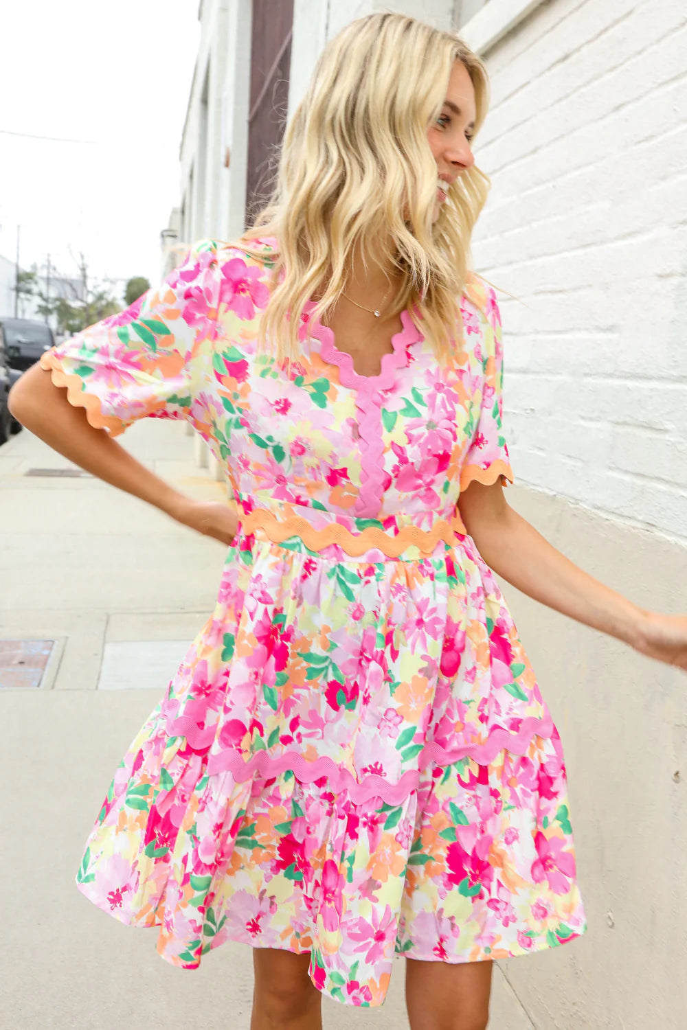 Haptics Beautiful You Rose Floral Print Ric Rack Trim Babydoll Dress