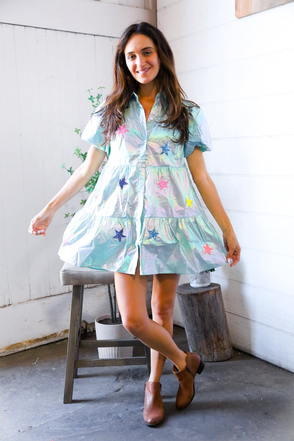 Peach Love Pearlescent Blue Sequin Star Embroidered Button Down Pocket Dress