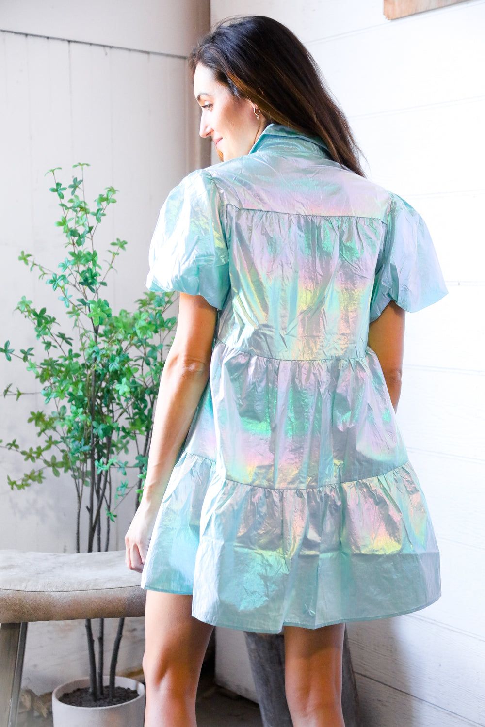 Peach Love Pearlescent Blue Sequin Star Embroidered Button Down Pocket Dress