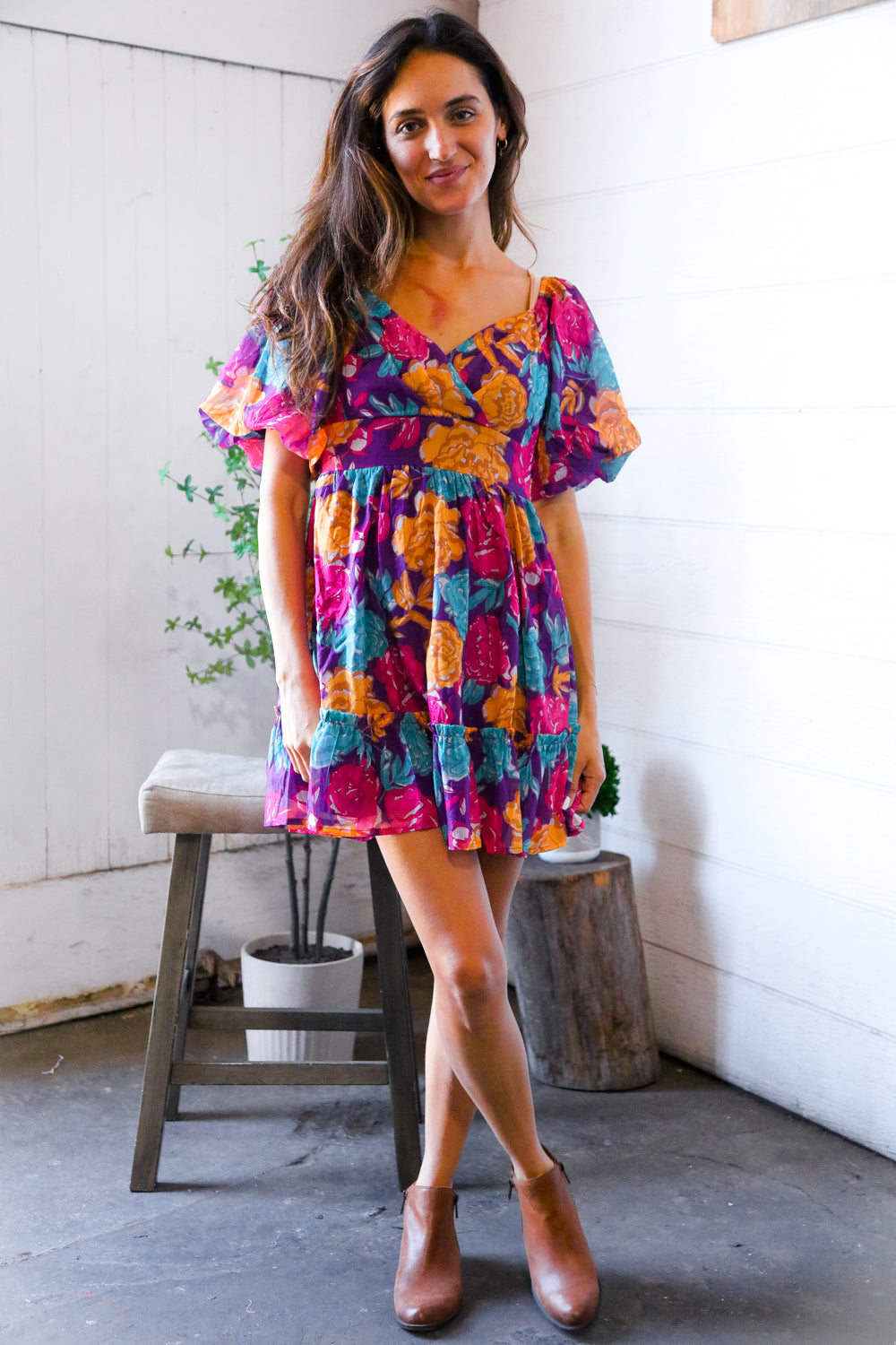 Peach Love Purple Multi Floral Woven Lined Banded Surplice Dress