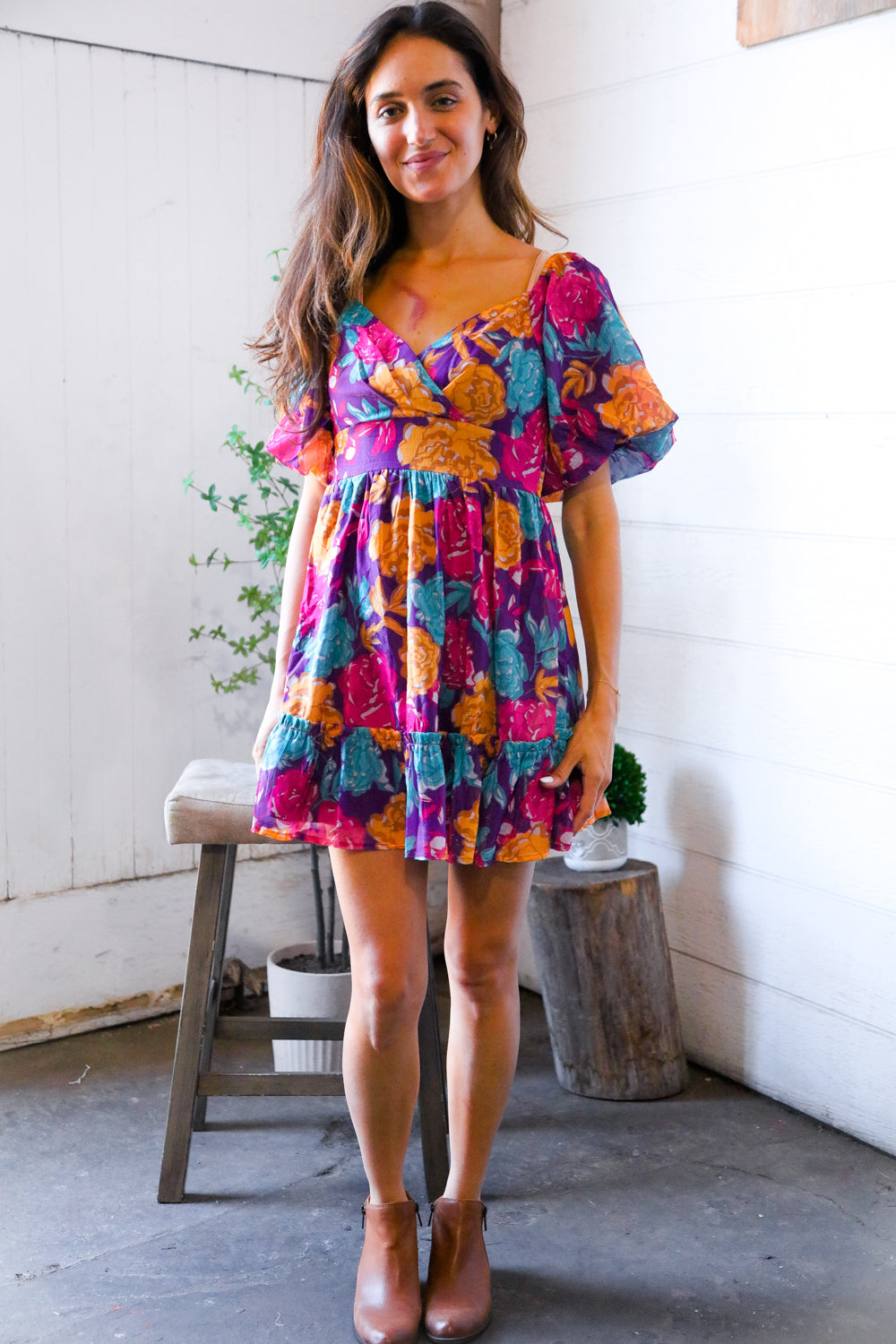 Peach Love Purple Multi Floral Woven Lined Banded Surplice Dress