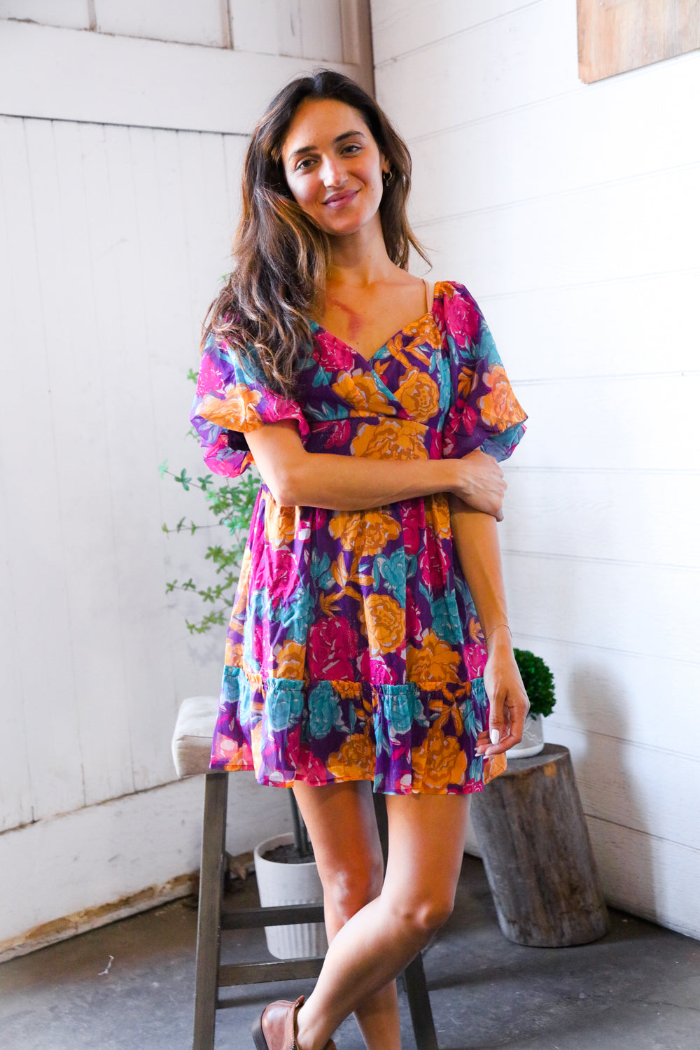 Peach Love Purple Multi Floral Woven Lined Banded Surplice Dress Large