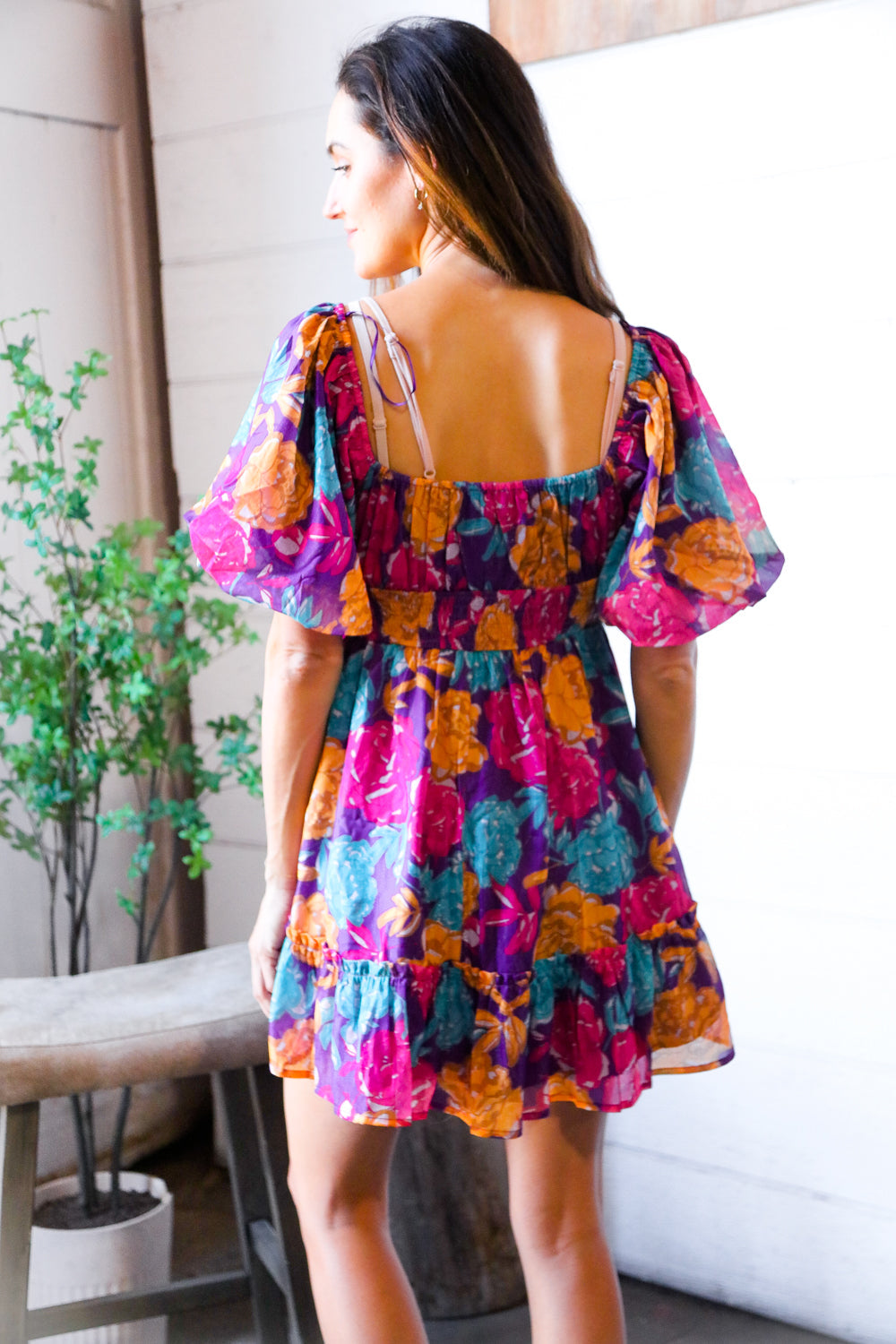 Peach Love Purple Multi Floral Woven Lined Banded Surplice Dress