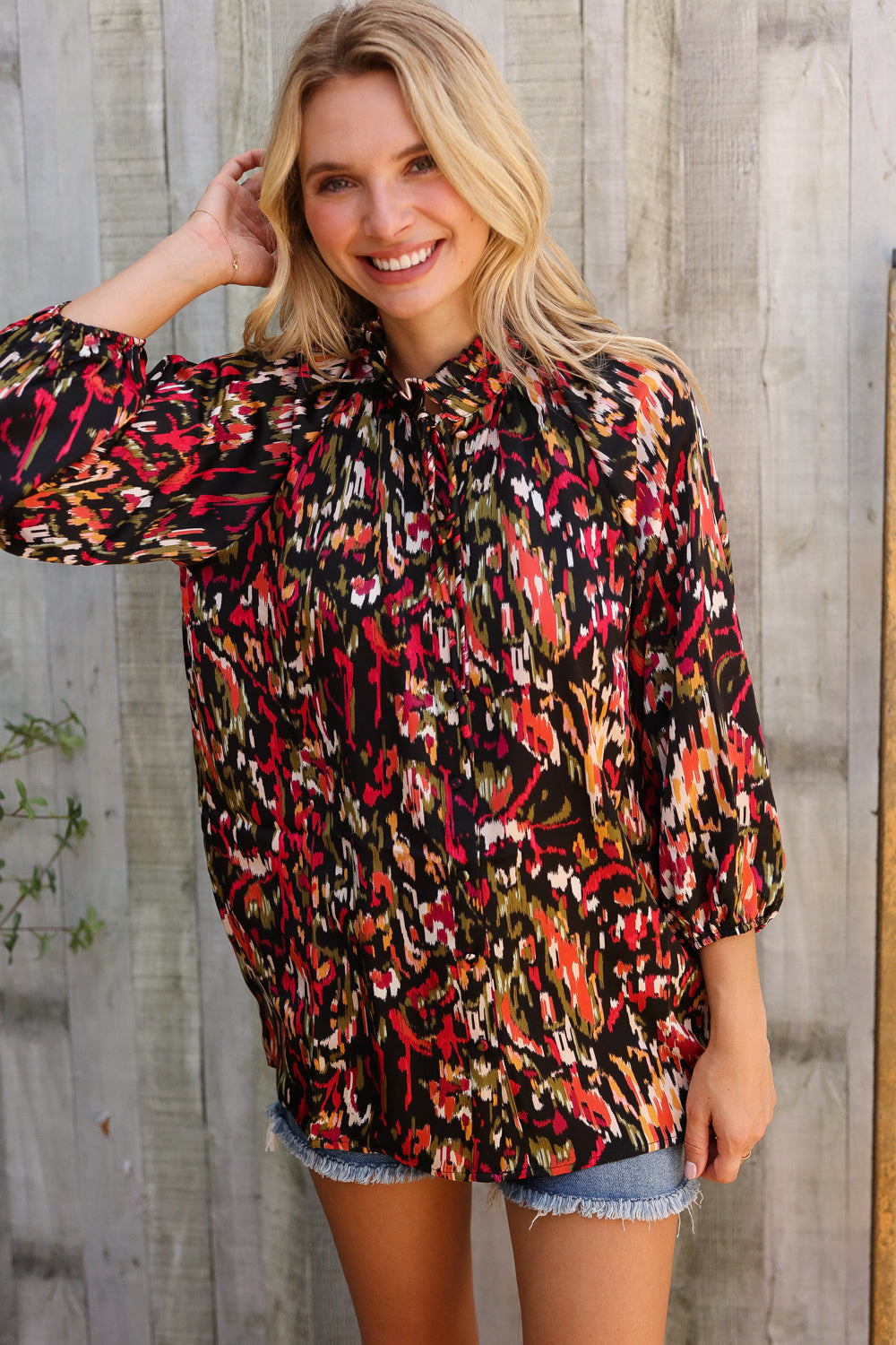 First Love Abstract Sunset Button Down Blouse Large