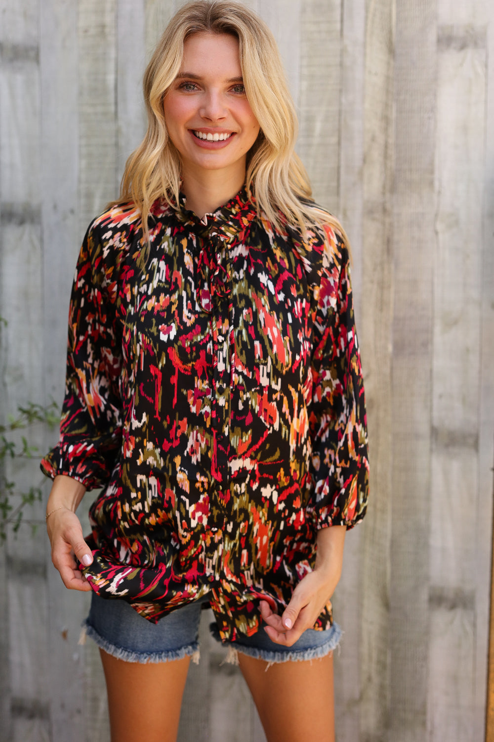 First Love Abstract Sunset Button Down Blouse