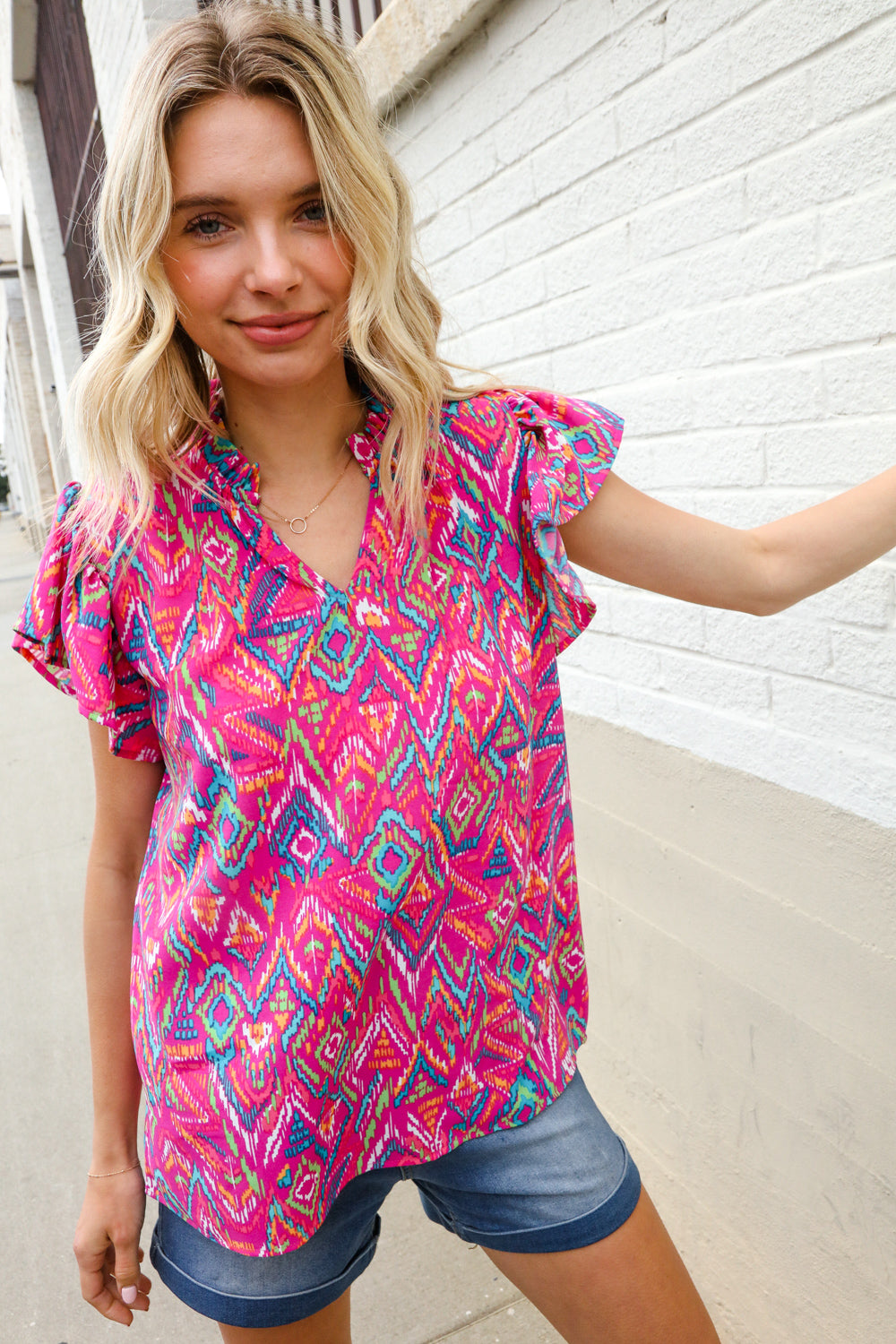 Haptics You Got This Fuchsia Abstract Print Notch Frill Neck Blouse