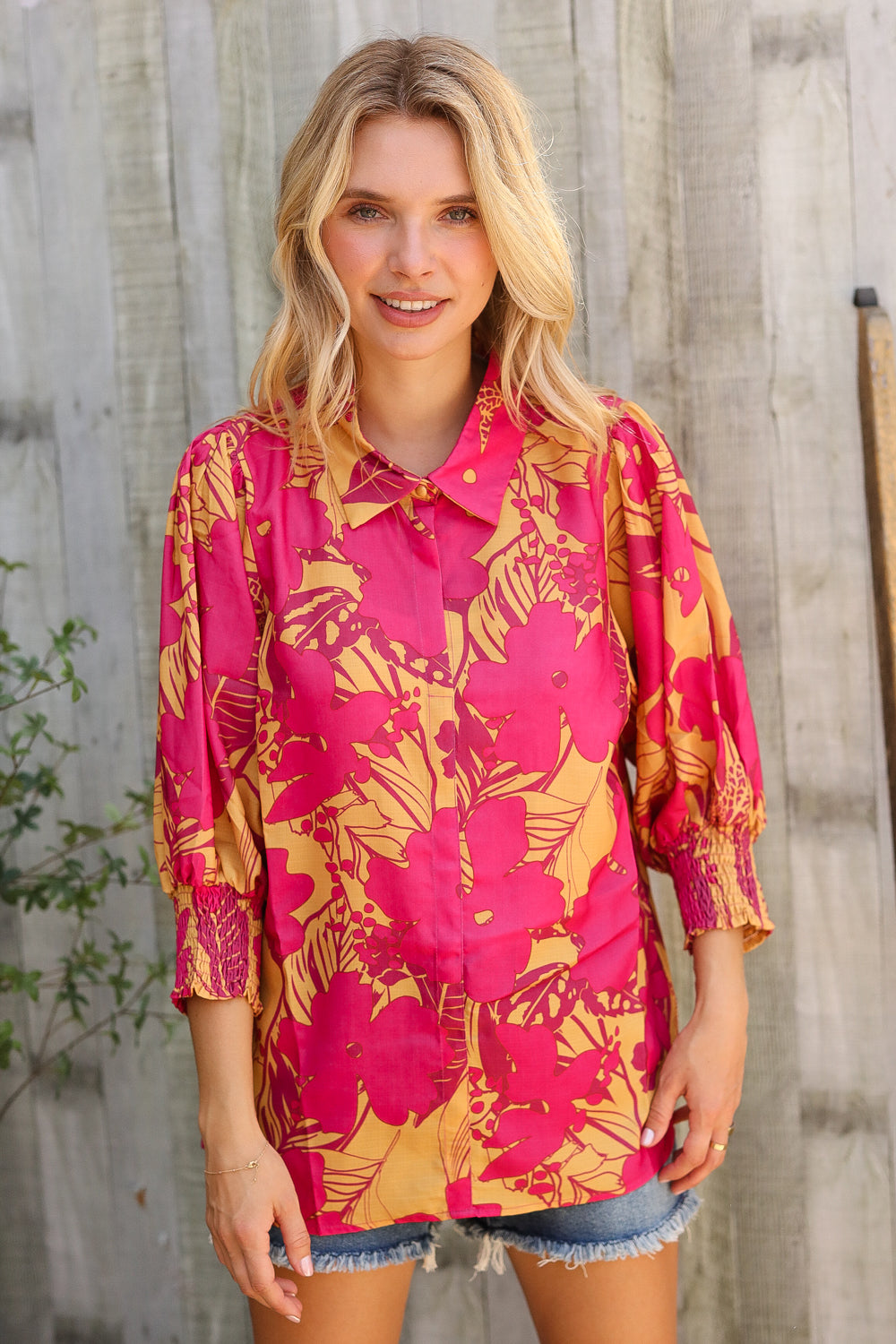 First Love Fuchsia & Gold Satin Button-Down Smock Long Sleeve Bouse