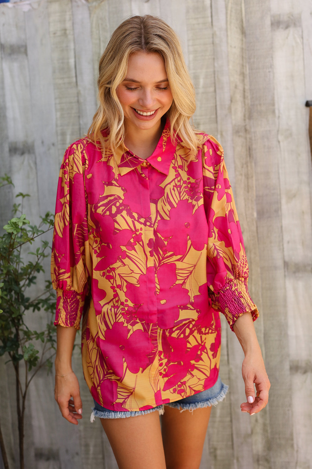 First Love Fuchsia & Gold Satin Button-Down Smock Long Sleeve Bouse
