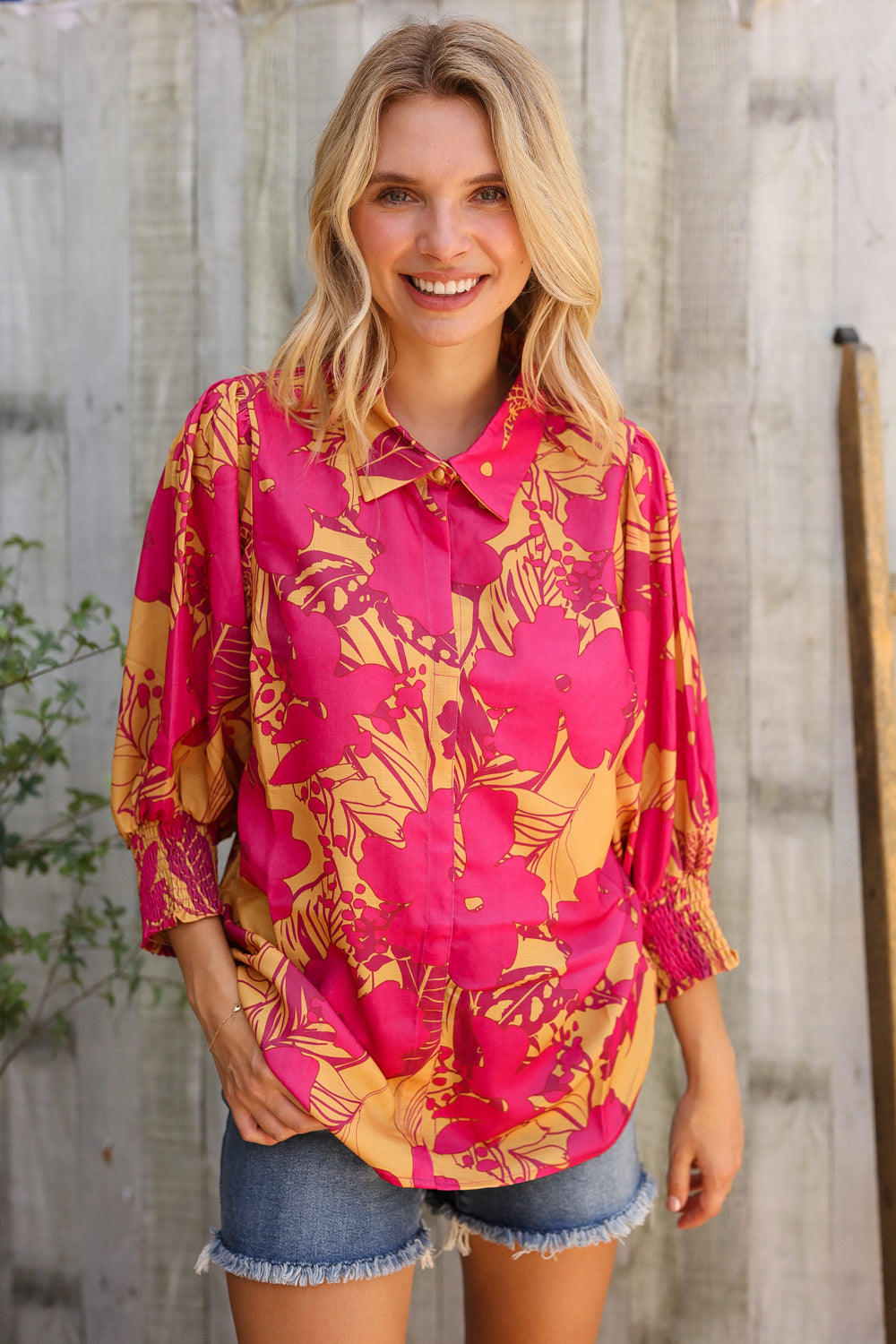 First Love Fuchsia & Gold Satin Button-Down Smock Long Sleeve Bouse
