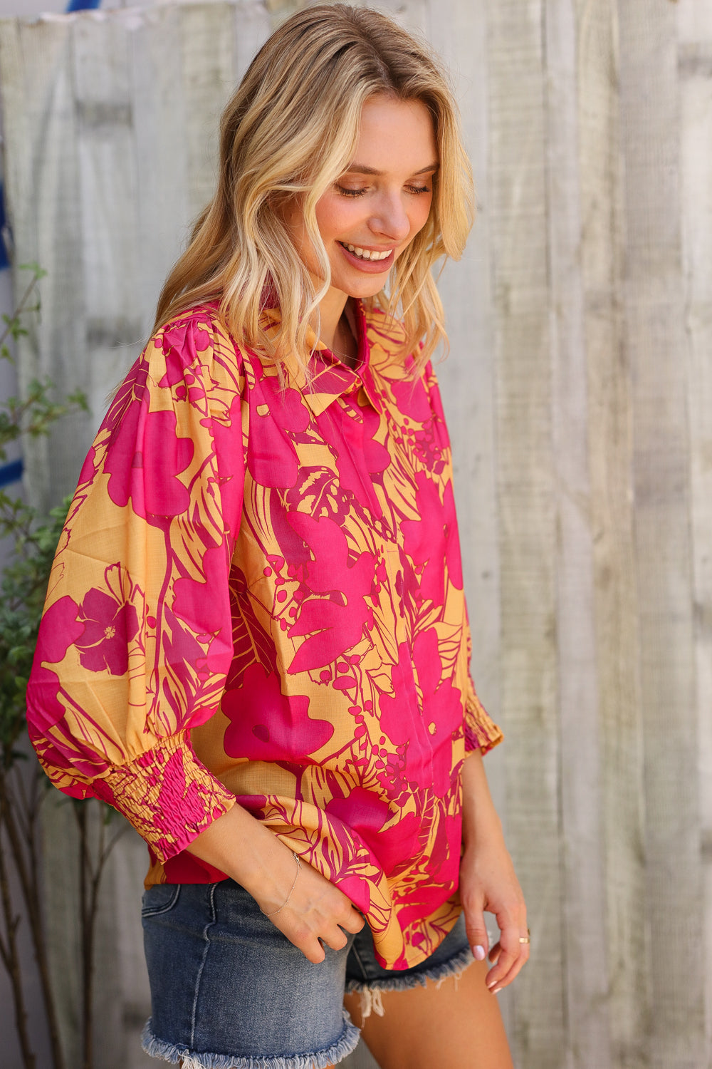 First Love Fuchsia & Gold Satin Button-Down Smock Long Sleeve Bouse
