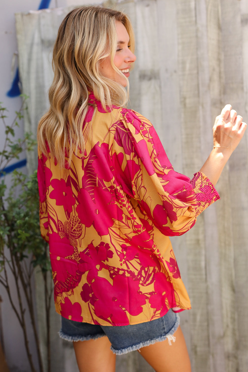 First Love Fuchsia & Gold Satin Button-Down Smock Long Sleeve Bouse