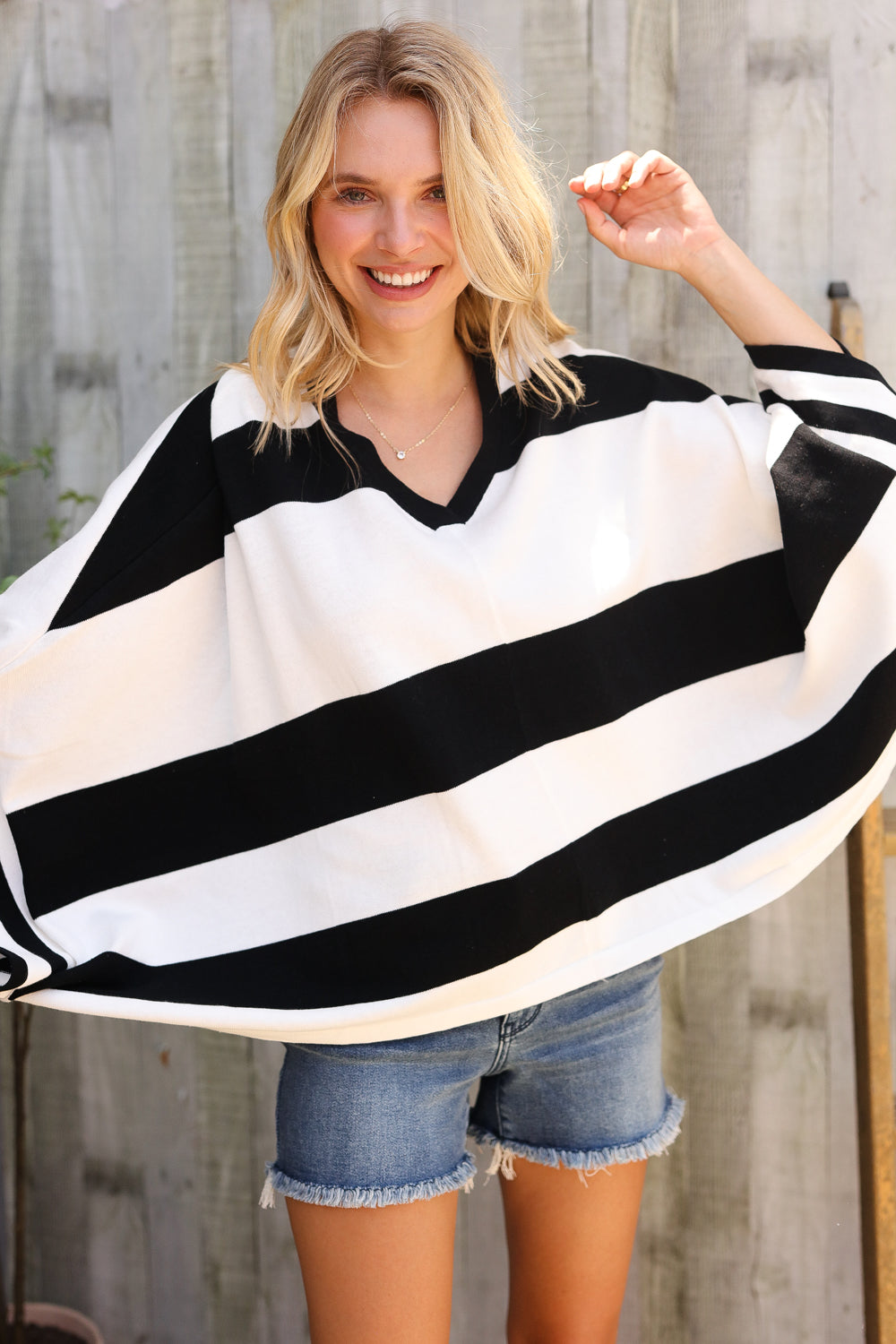 First Love Black/White Stripe Dolman Notch Neck Sweater Poncho