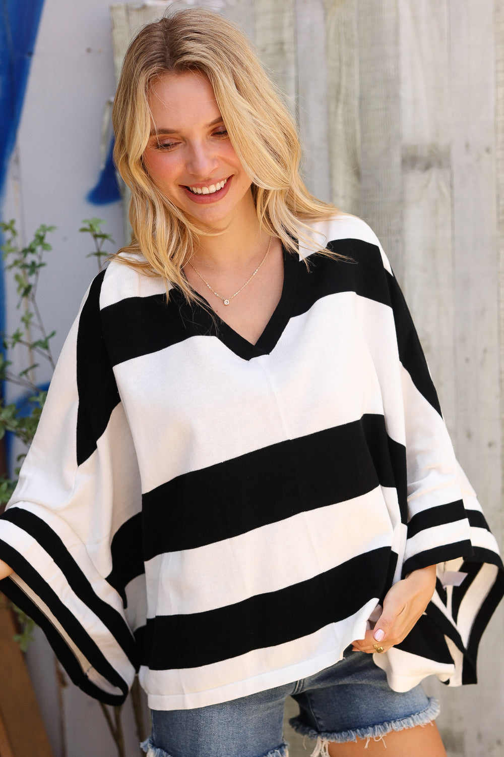 First Love Black/White Stripe Dolman Notch Neck Sweater Poncho