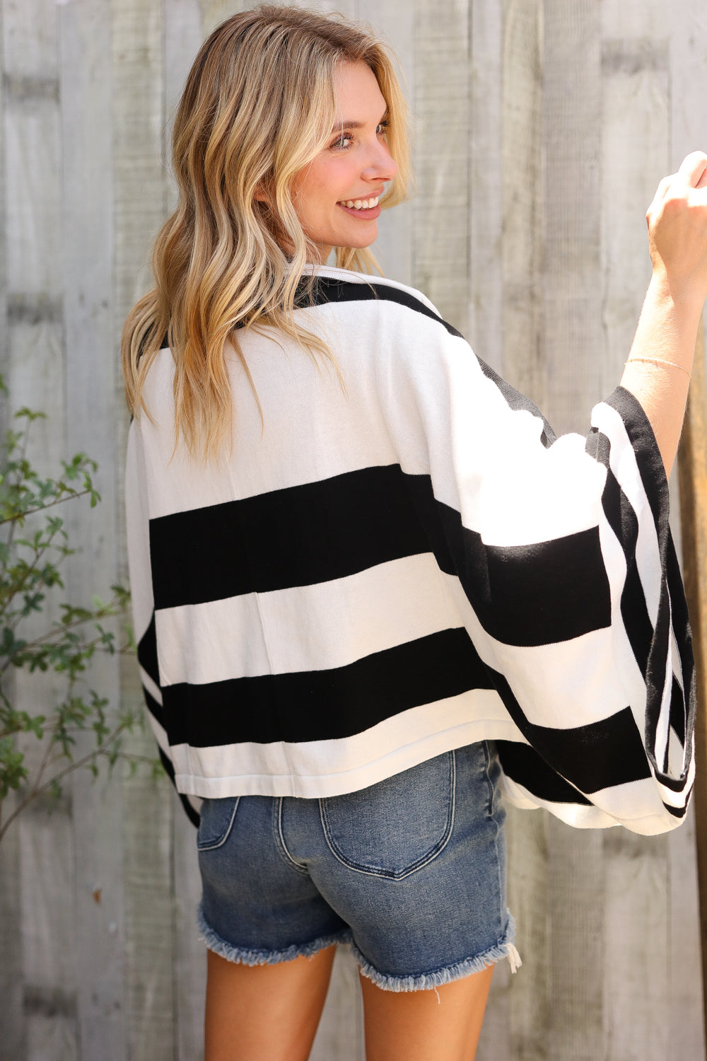 First Love Black/White Stripe Dolman Notch Neck Sweater Poncho