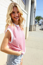Haptics Pink & Ivory Jacquard Waffle Knit Banded Sleeveless Top