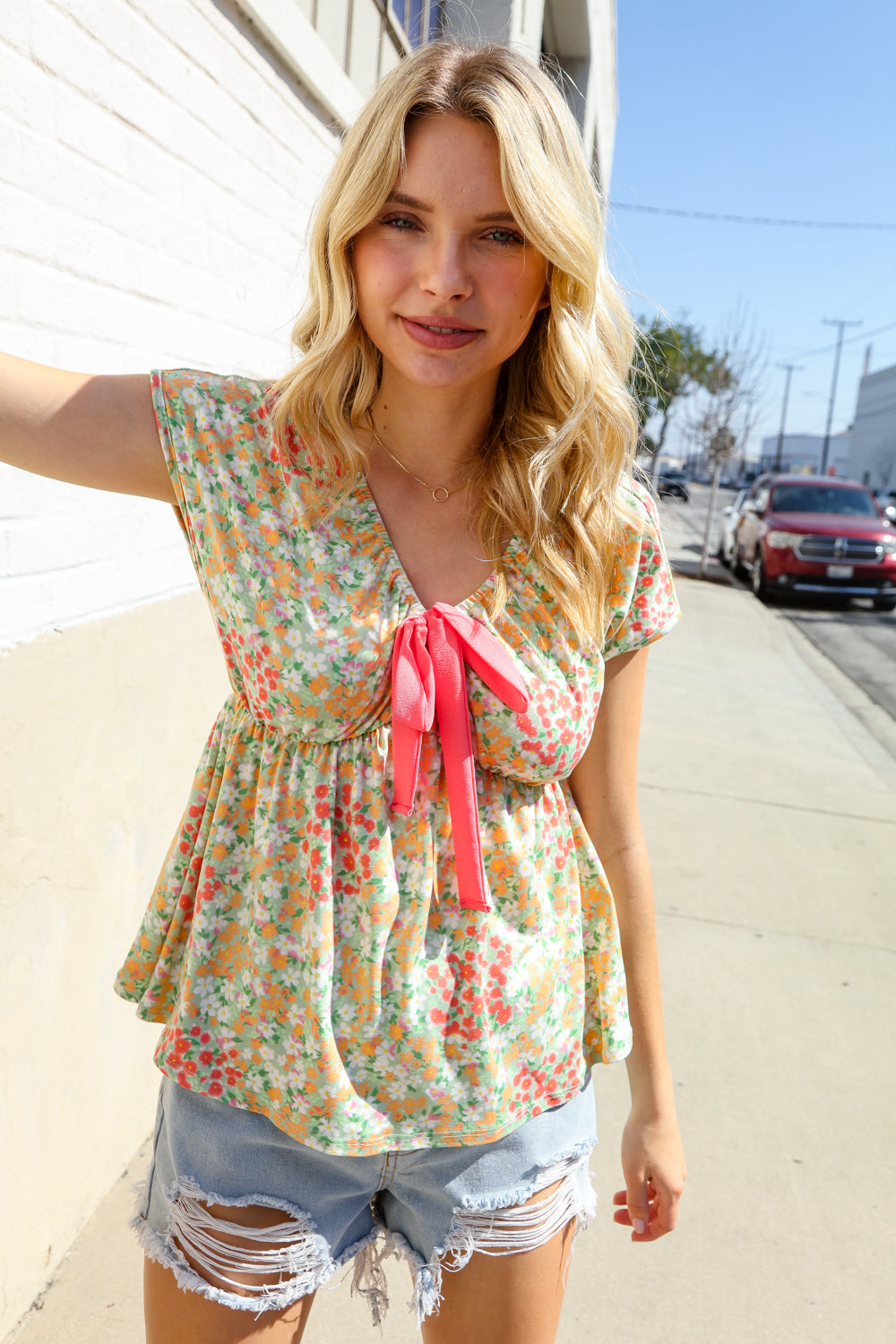 Haptics Be Charming Sage Floral Print Elastic Neck Ribbon Bow Tie Top