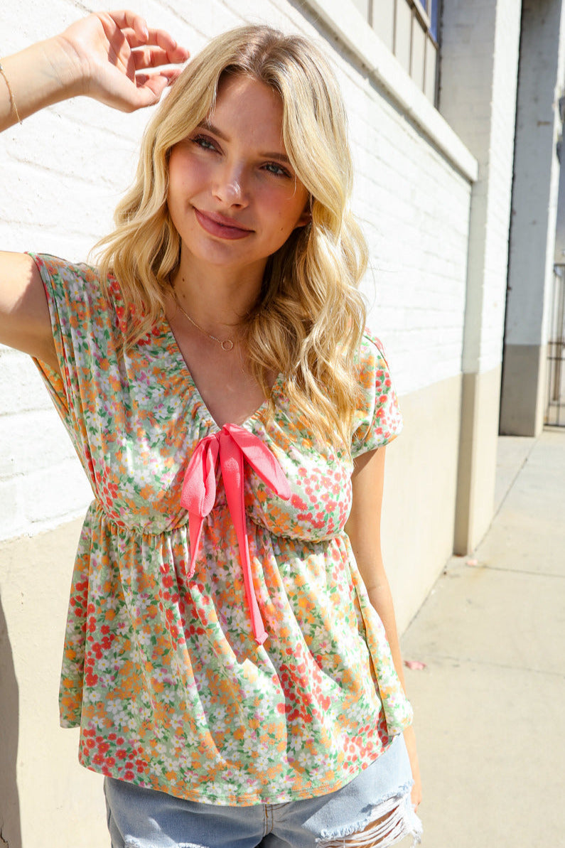 Haptics Be Charming Sage Floral Print Elastic Neck Ribbon Bow Tie Top