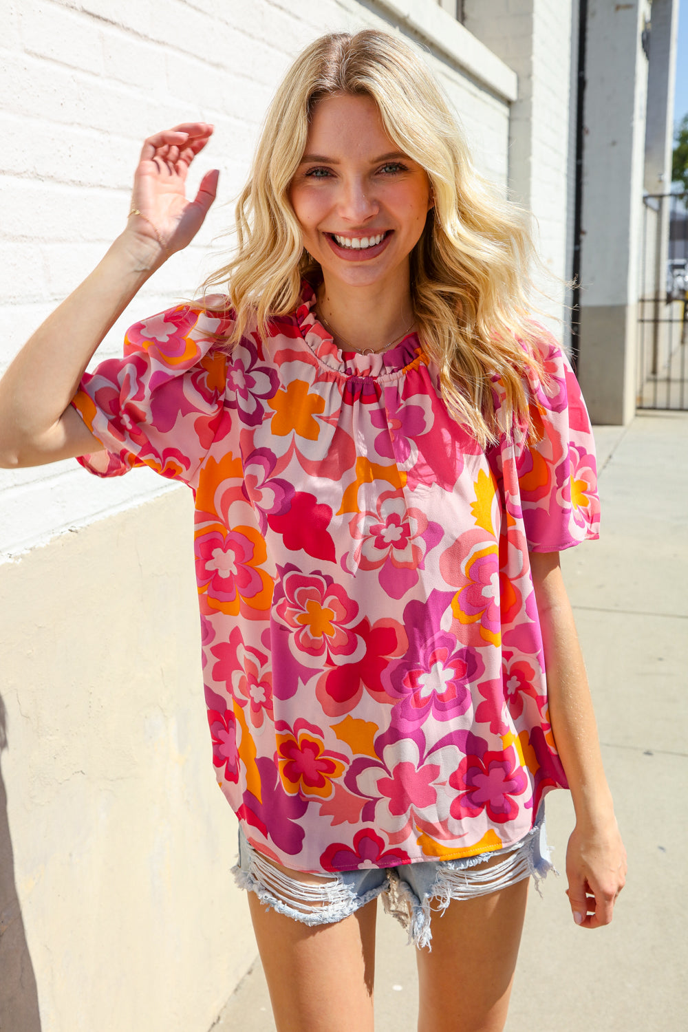 Haptics Fuchsia Big Floral Frill Neck Back Button Blouse