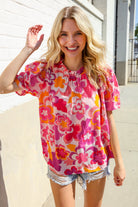 Haptics Fuchsia Big Floral Frill Neck Back Button Blouse