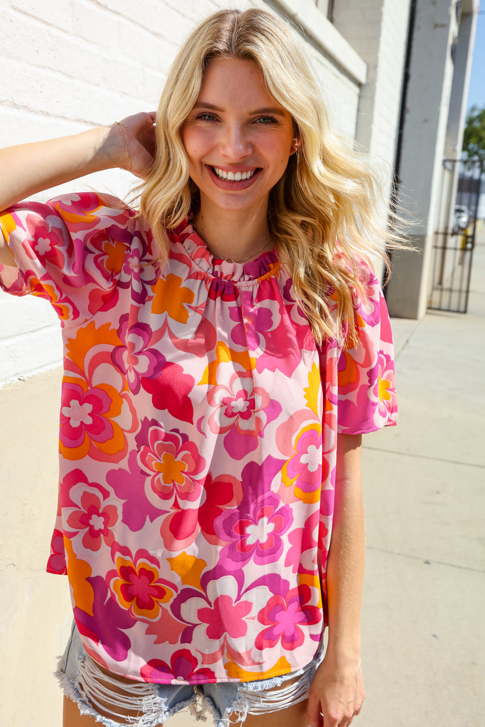Haptics Fuchsia Big Floral Frill Neck Back Button Blouse