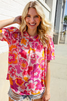 Haptics Fuchsia Big Floral Frill Neck Back Button Blouse