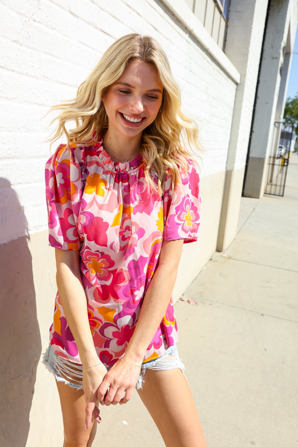 Haptics Fuchsia Big Floral Frill Neck Back Button Blouse