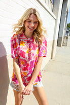 Haptics Fuchsia Big Floral Frill Neck Back Button Blouse