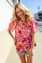 Haptics Fuchsia Big Floral Frill Neck Back Button Blouse