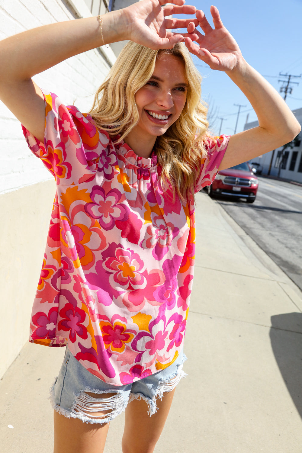 Haptics Fuchsia Big Floral Frill Neck Back Button Blouse