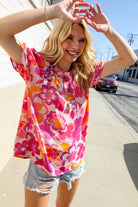 Haptics Fuchsia Big Floral Frill Neck Back Button Blouse